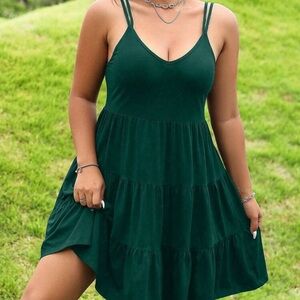 Women's Dark Green Tiered Spaghetti-Strap Dress